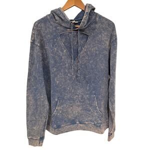 Bronxton IJOAH Acid Wash Hoodie L Blue Keyhole Cutout Kangaroo Pocket